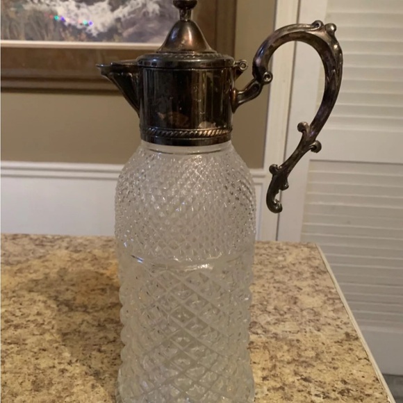 Crystal Carafe Pitcher Silver Plated Lid Pour Spout Cristal Darques Italy - Picture 3 of 6